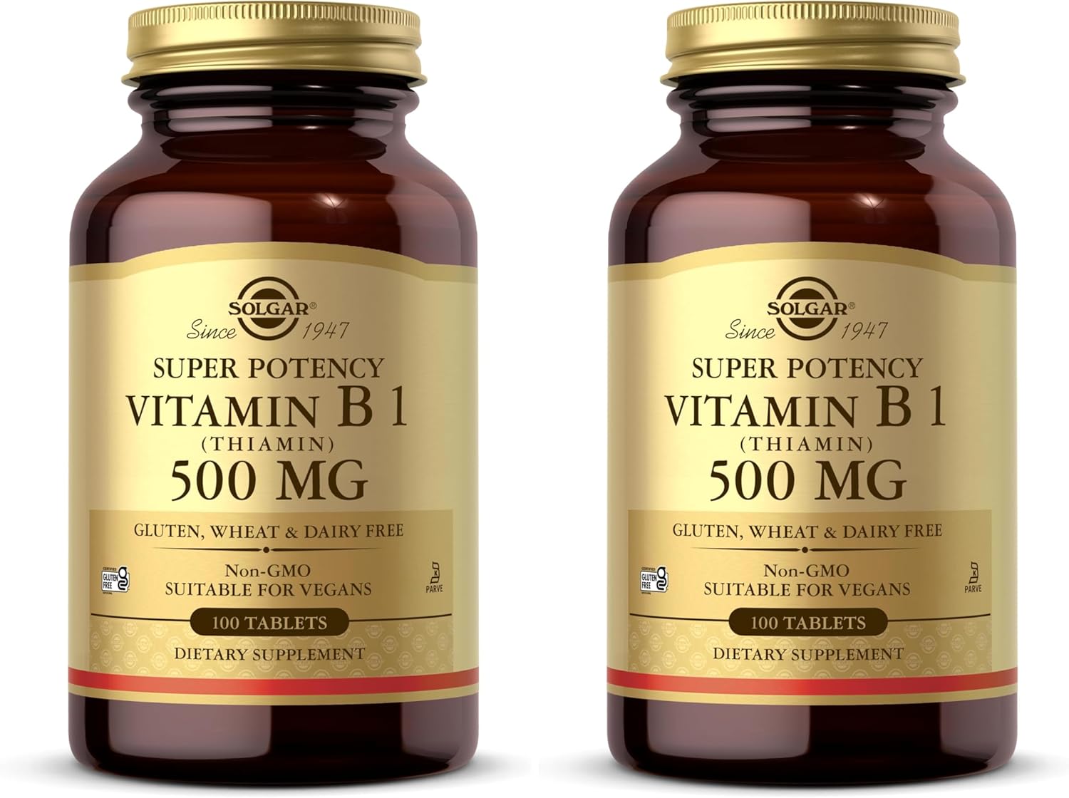 Solgar Vitamin B1 (Thiamin) 500 mg, 100 Tablets - Energy Metabolism, Healthy Nervous System, Overall Well-Being - Super Potency - Non-GMO, Vegan, Gluten Free, Dairy Free - 100 Servings, (Pack of 2)