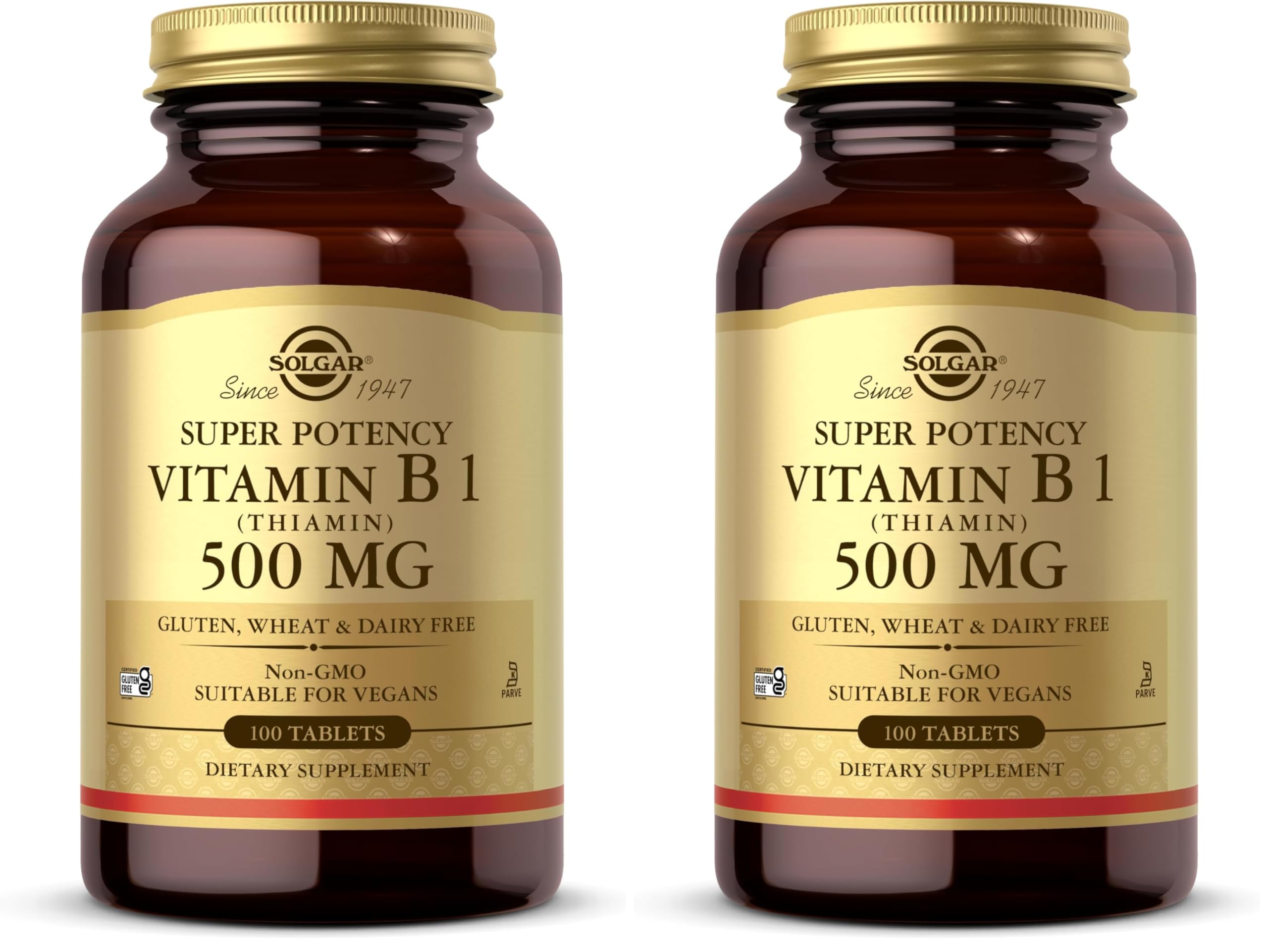 Solgar Vitamin B1 (Thiamin) 500 mg, 100 Tablets - Energy Metabolism, Healthy Nervous System, Overall Well-Being - Super Potency - Non-GMO, Vegan, Gluten Free, Dairy Free - 100 Servings, (Pack of 2) Unflavored 100 Count (Pack of 2)