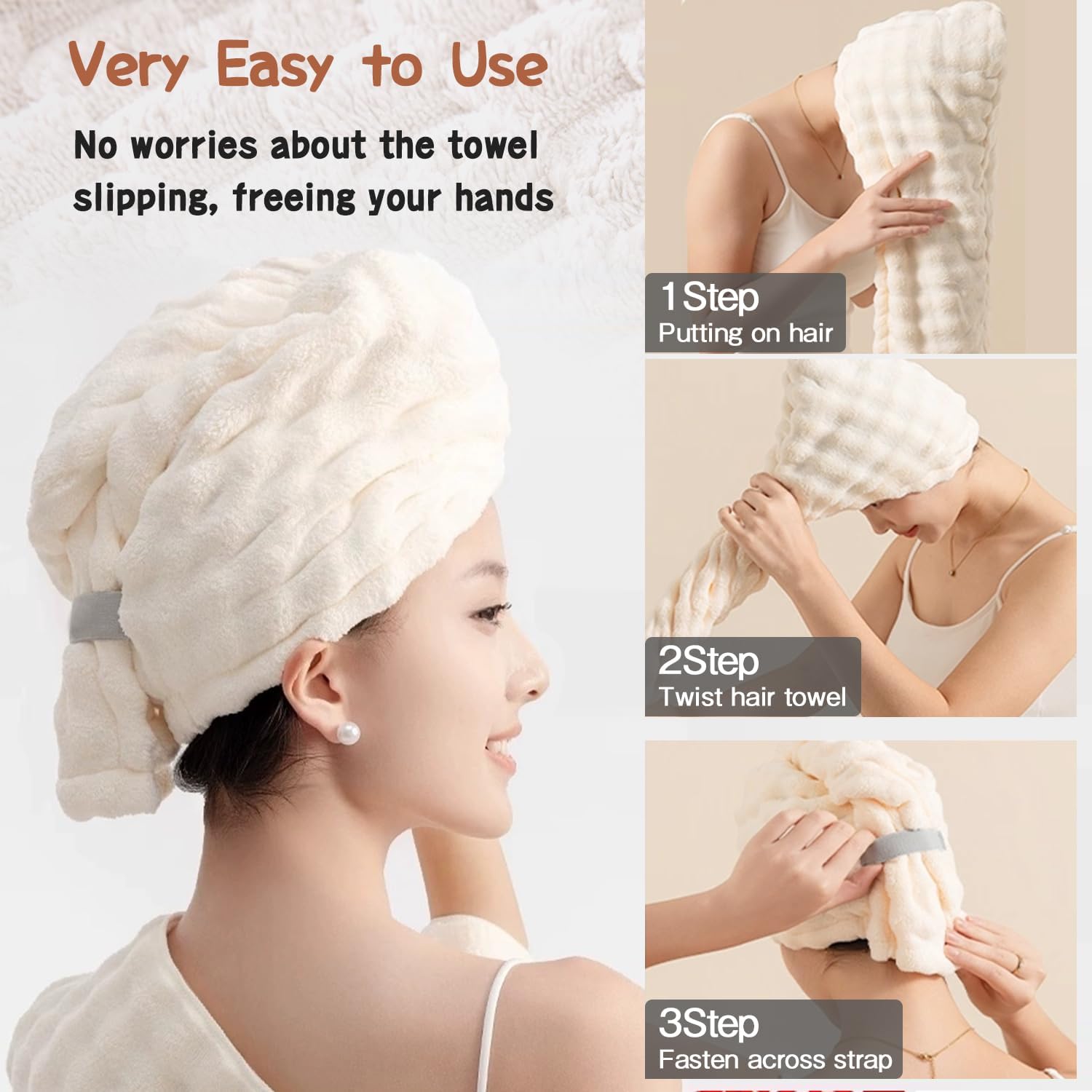3 Pack Large Microfiber Hair Towels for Women , Super Absorbent Quick Dry Hair Wraps, 41x23 Inches with Elastic Strap, Anti-Frizz Hair Turban for Curly, Long , Thick Hair (Pink + White + Gray)