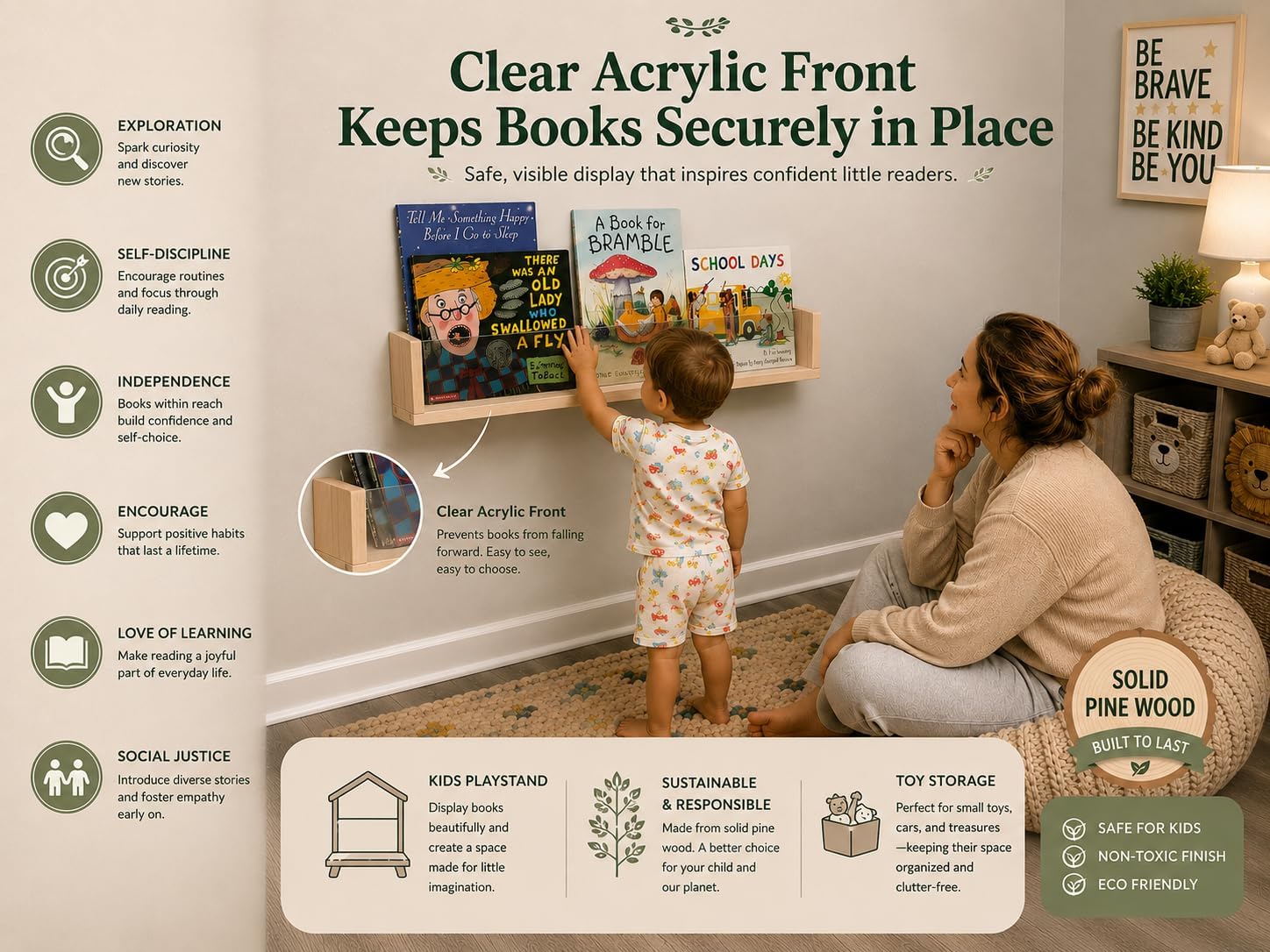 Kids Floating Preventing Books from Sliding Out Acrylic Front Lip Shelf, Solid Wood Wall Ledge, 1 Piece