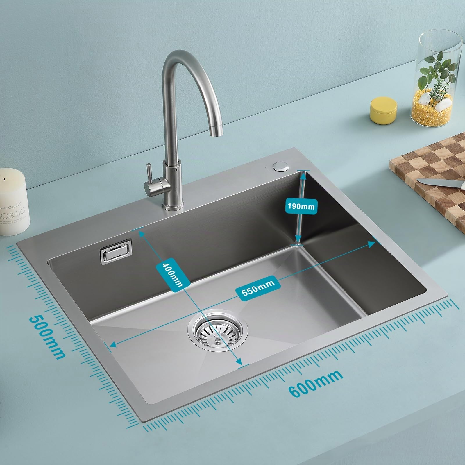 Lavello 60 x 50 cm, KEOKBON Nanoargento Lavello Cucina Acciaio Inossidabile 1 Vasca, lavello in acciaio inossidabile con foro per rubinetto, Lavello Cucina incl. filtro di scarico e istruzioni di
