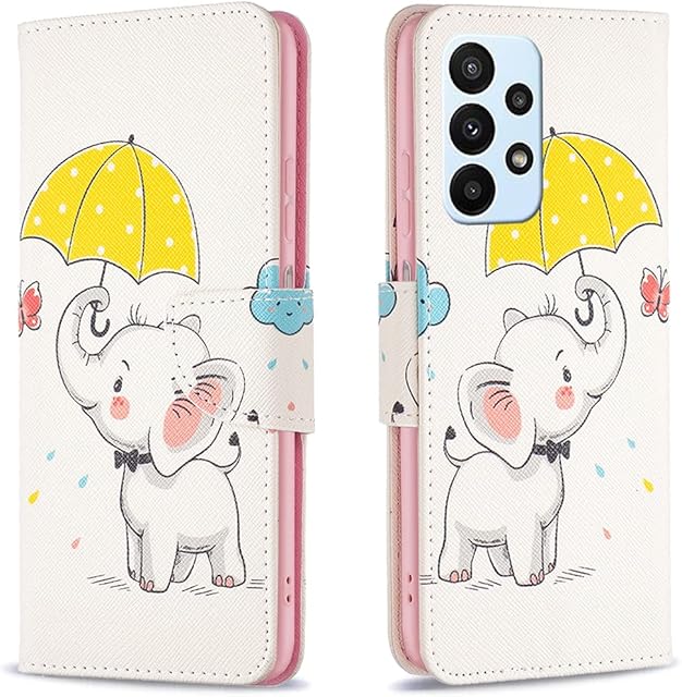 Samsung A13 Phone Case, Samsung A04S Case Flip Shockproof PU Leather Wallet Cases with Stand Magnetic Card Holder Gel Silicone Bumper Folio Slim Cover for Galaxy A04S/A13 4G/5G Umbrella & Elephant
