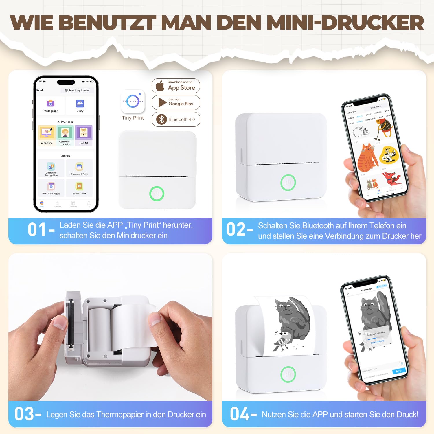 Mini imprimante photo portable Bluetooth avec 10 rouleaux de papier thermique, compatible iOS Android (blanc)