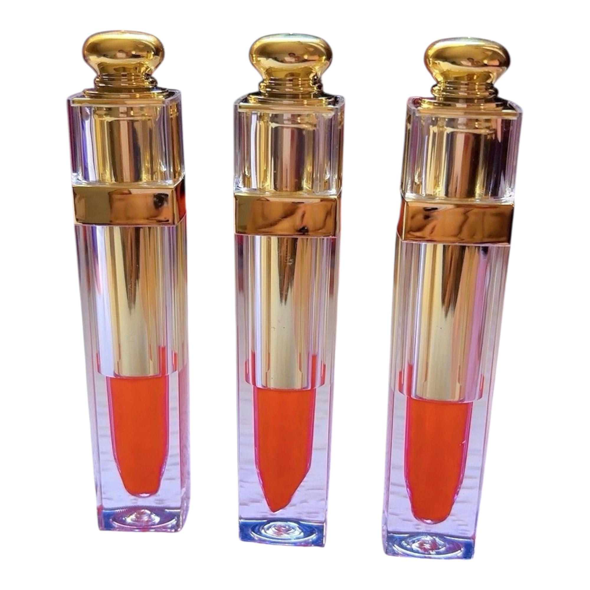 Luxury Liquid Lipstick, Orange Shade, Gold Cap, Clear Square Tube, Long-Lasting Formula