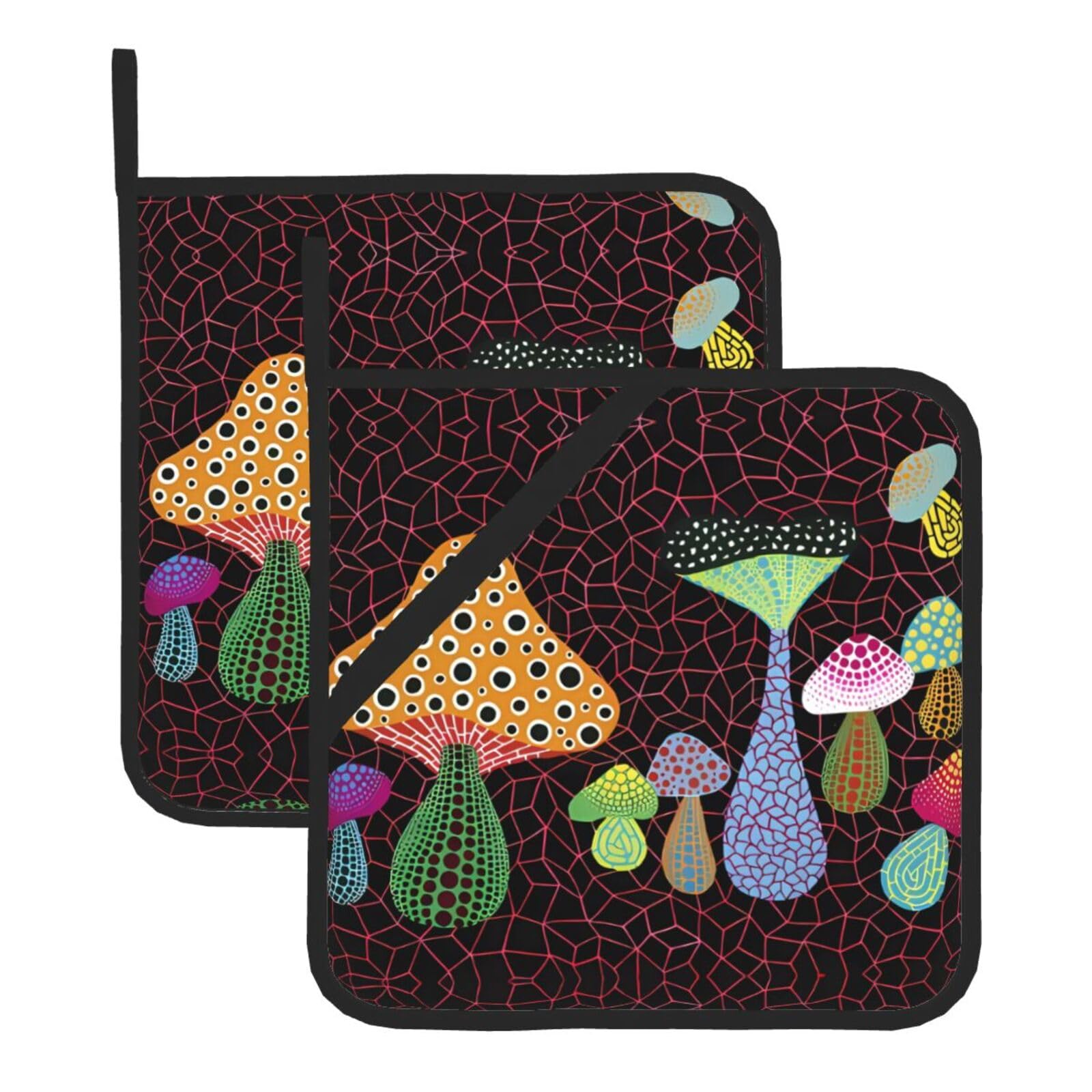 YYHWHJDE Mushroom Prints Square Hot Pads for Kitchen Counter - Waterproof Pot Holders, Durable Oven Mitt Layers with Hanging Loop, Heat Resistant Trivets (2-Pack)