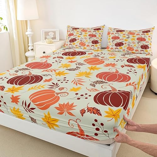 Miniatura 4 de Juego de sábanas bajeras de calabaza de otoño para niñas y niños, tamaño Queen, juego de ropa de cama de hojas de otoño decorativo, juego de sábanas