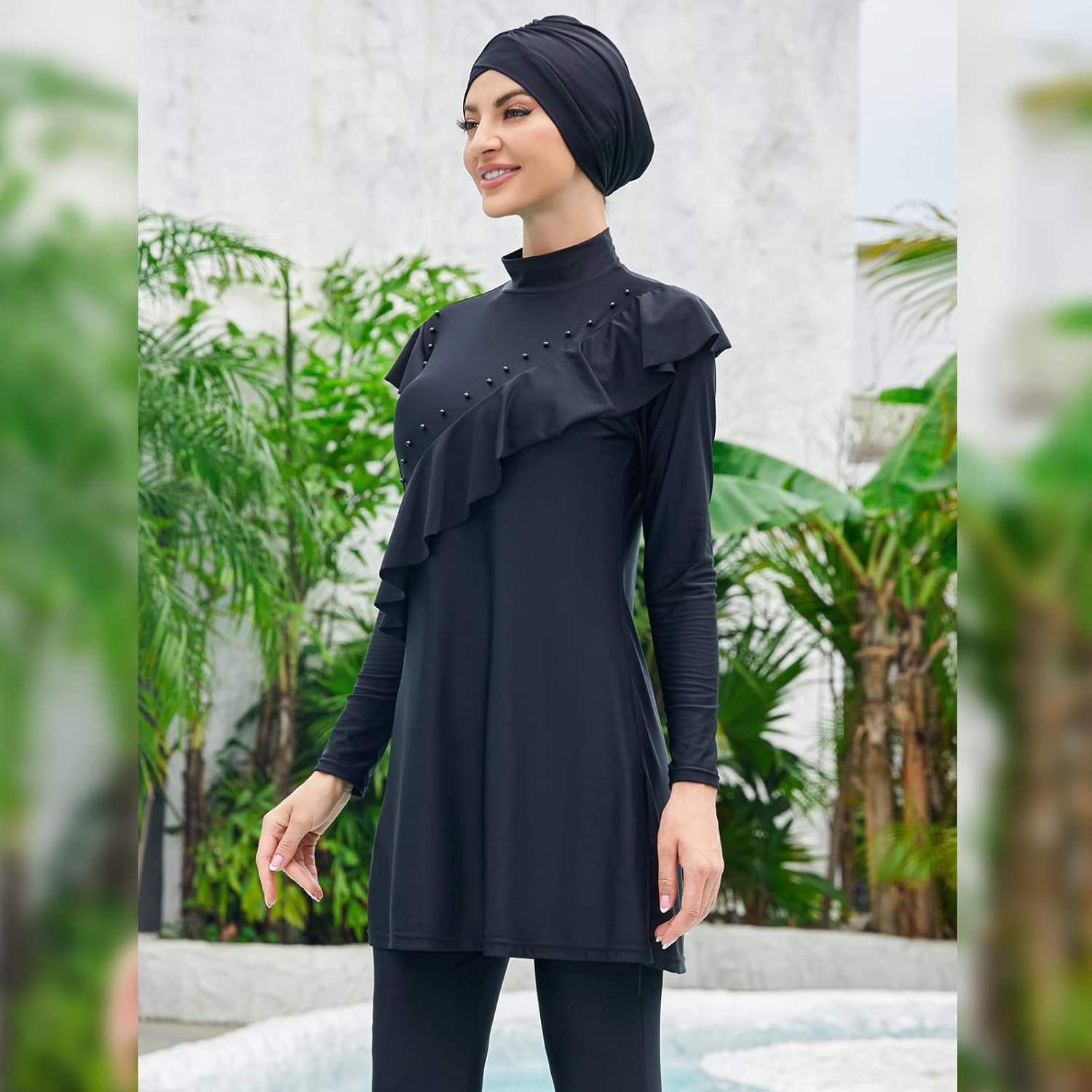 Women Muslim Swimwear Islamic Modest Swimsuit 3 Pieces Full Cover Hijab Long Sleeve Burkini Top Dress + Pants