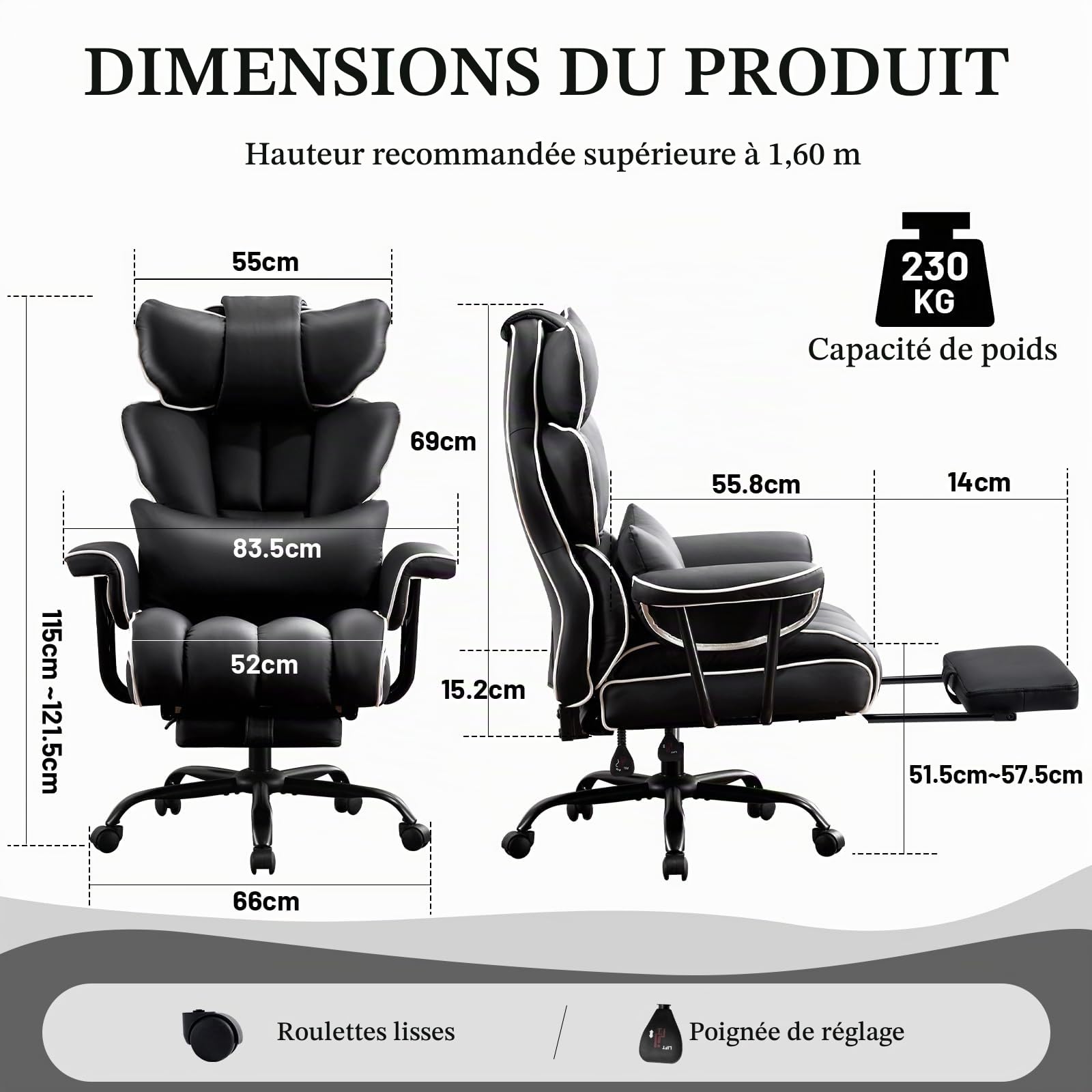 Fauteuil de Direction, Chaise de Bureau avec Repose-Pieds, Ergonomique Fauteuil de Bureau Cuir PU Inclinable avec Support Lombaire, Chaise d'Ordinateur à Hauteur Réglable, Noir, 1