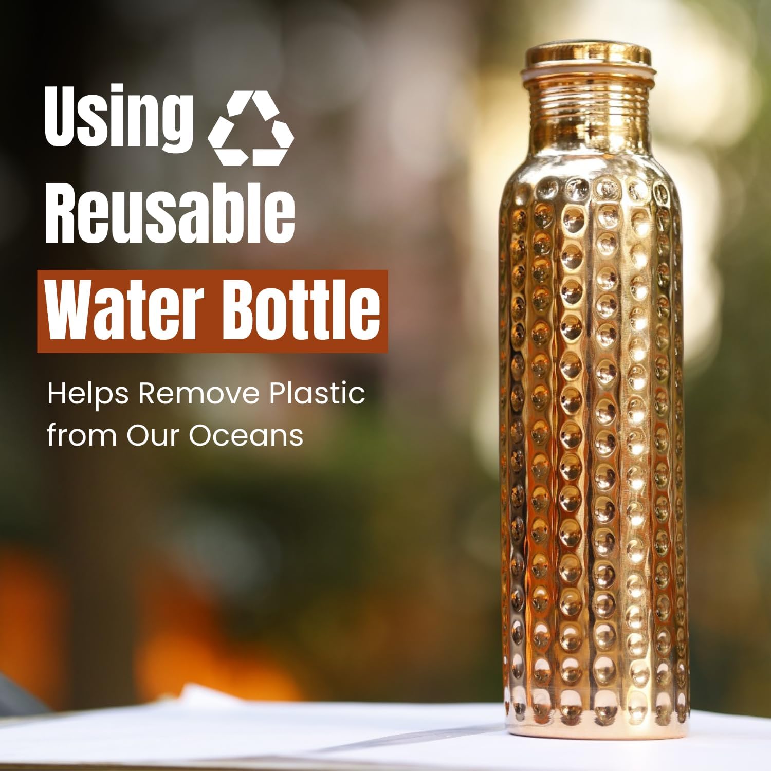 Pure Copper Water Bottle - Ayurvedic 1000ml/34 Oz Hammered Design | Leak-Proof Lid | Handcrafted Copper Vessel for Health Benefits & Sugar Intake Management