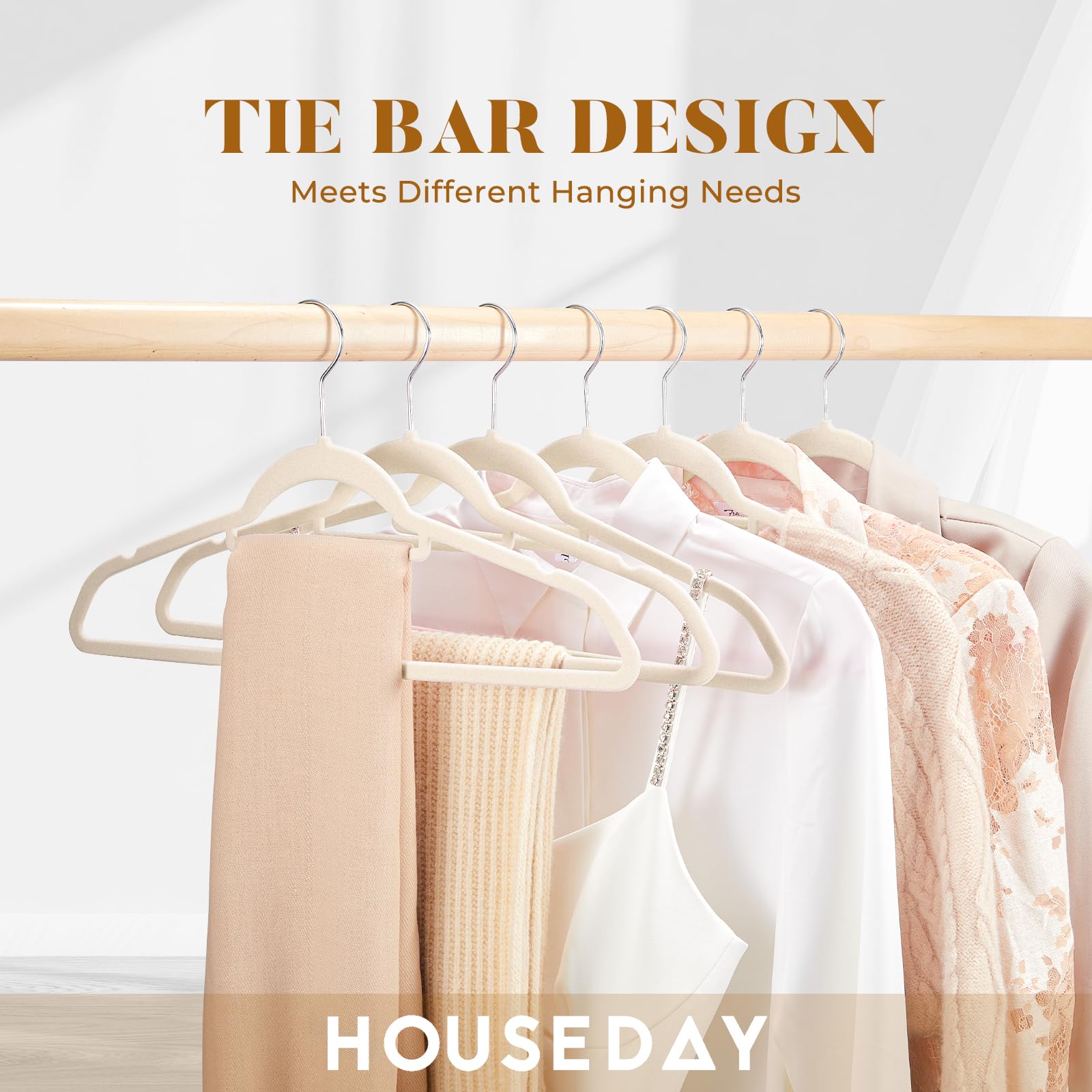 HOUSE DAY Perchas de terciopelo con barra de corbata, paquete de 20 perchas de ropa antideslizantes, ahorro de espacio, perchas de fieltro para pantalones, abrigos, trajes, camisas, bufandas, sin