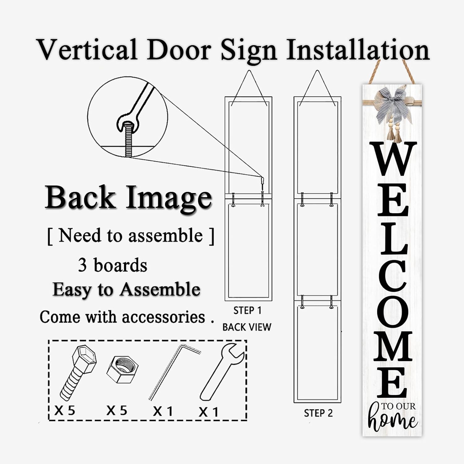 Vertical Wood Welcome Sign 47.2x7.8 Inch Farmhouse Rustic Decor for Front Porch, Outdoor Indoor Tall Standing Front Door Wall Decoration