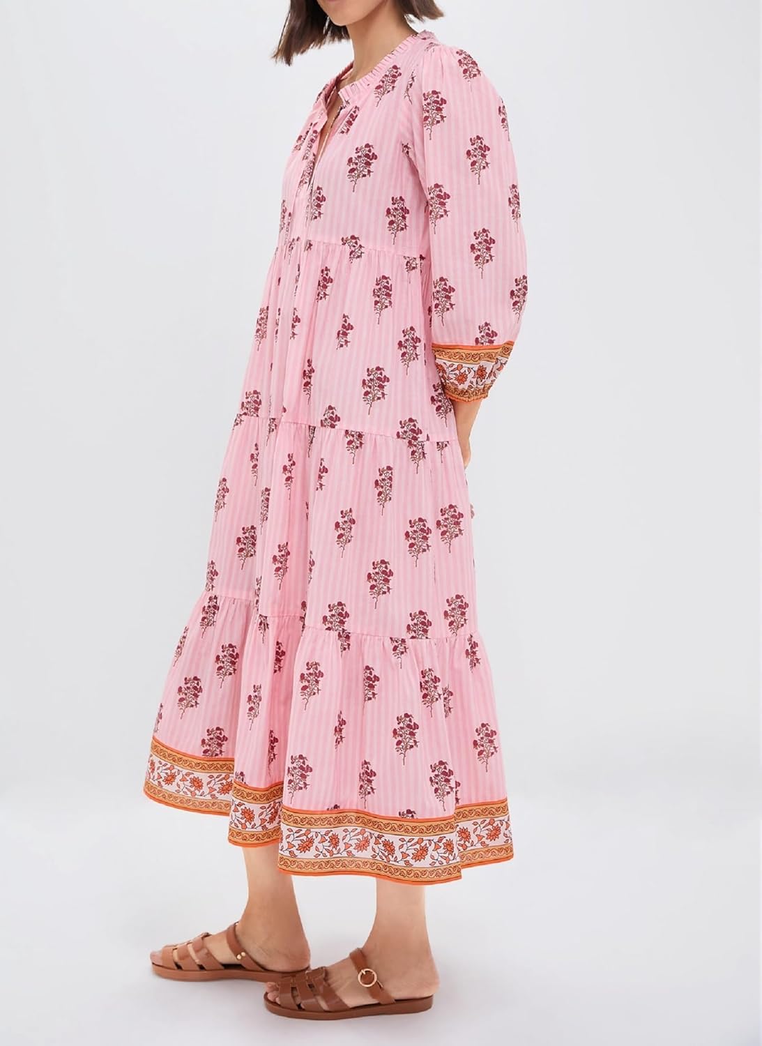 Women Floral Ruffled Puff Sleeve Maxi Dress Bohemian Loose Fit Flowy Tiered Long Dress Graffiti Vocation Trendy Wear - Image 3