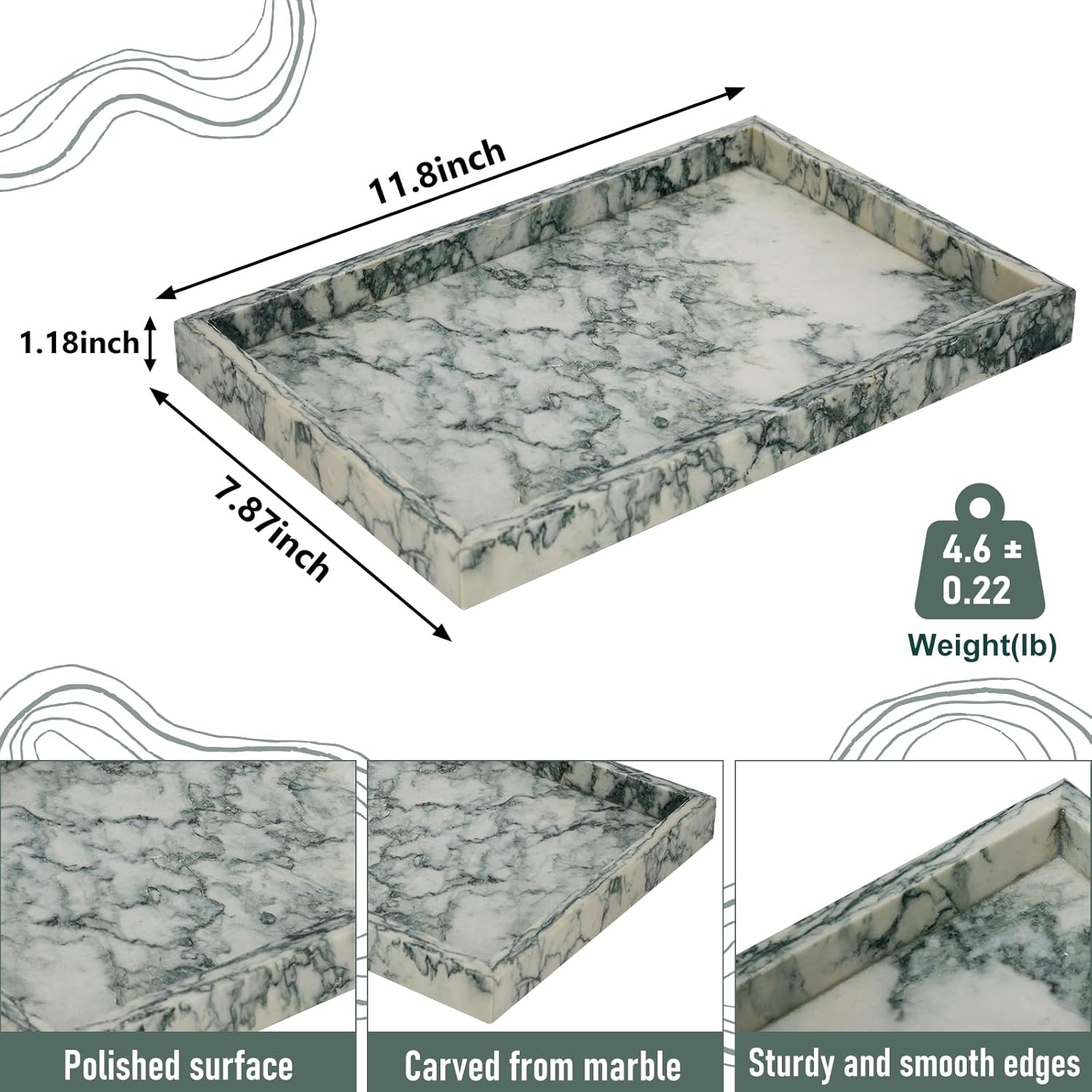 Marble Bathroom Tray,Pure Natural Vanity Tray,Marble Tray for Kitchen Counter Non-Ceramic/Non-Resin,Stone Trays 12 x 8 inch Cyan Green - Image 3