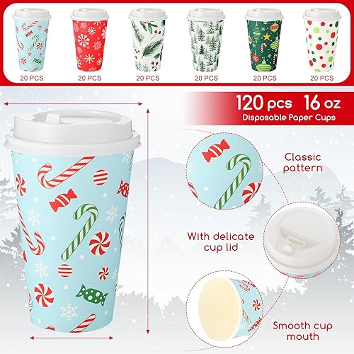Miniatura 2 de Umigy 120 tazas de café de Navidad con tapas, vasos de papel desechables de 16 onzas para café festivo con tapa para bebidas, tazas de Navidad para