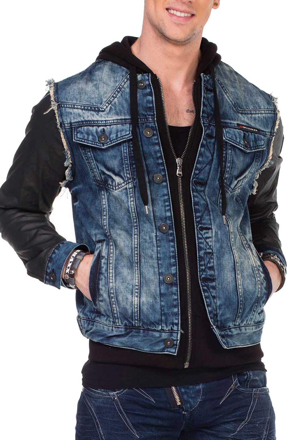 Cipo & Baxx Chaqueta vaquera para hombre, chaqueta de entretiempo, capucha de diseño, manga de piel sintética, chaqueta vaquera con capucha