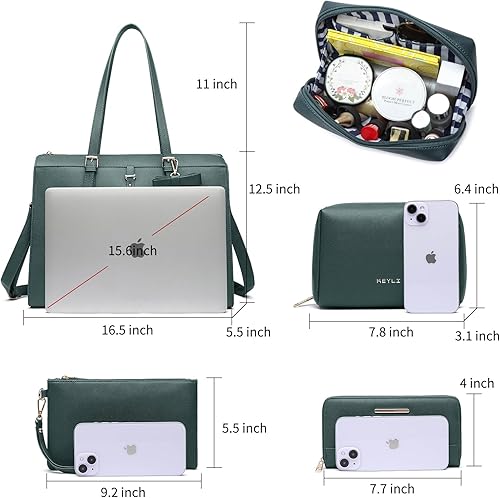 Vista 3 de Keyli Juego de 4 bolsas para laptop para mujer, maletín grande de cuero para laptop con puerto de carga USB, bolso de hombro para computadora
