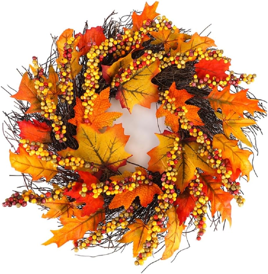18'' Fall Wreath for Front Door, Maple Leaf Fall Thanksgiving Wreath, Fall Front Door Wreath for Indoor Outdoor Home Office Wall Holiday Fall Thanksgiving Decor Wreath