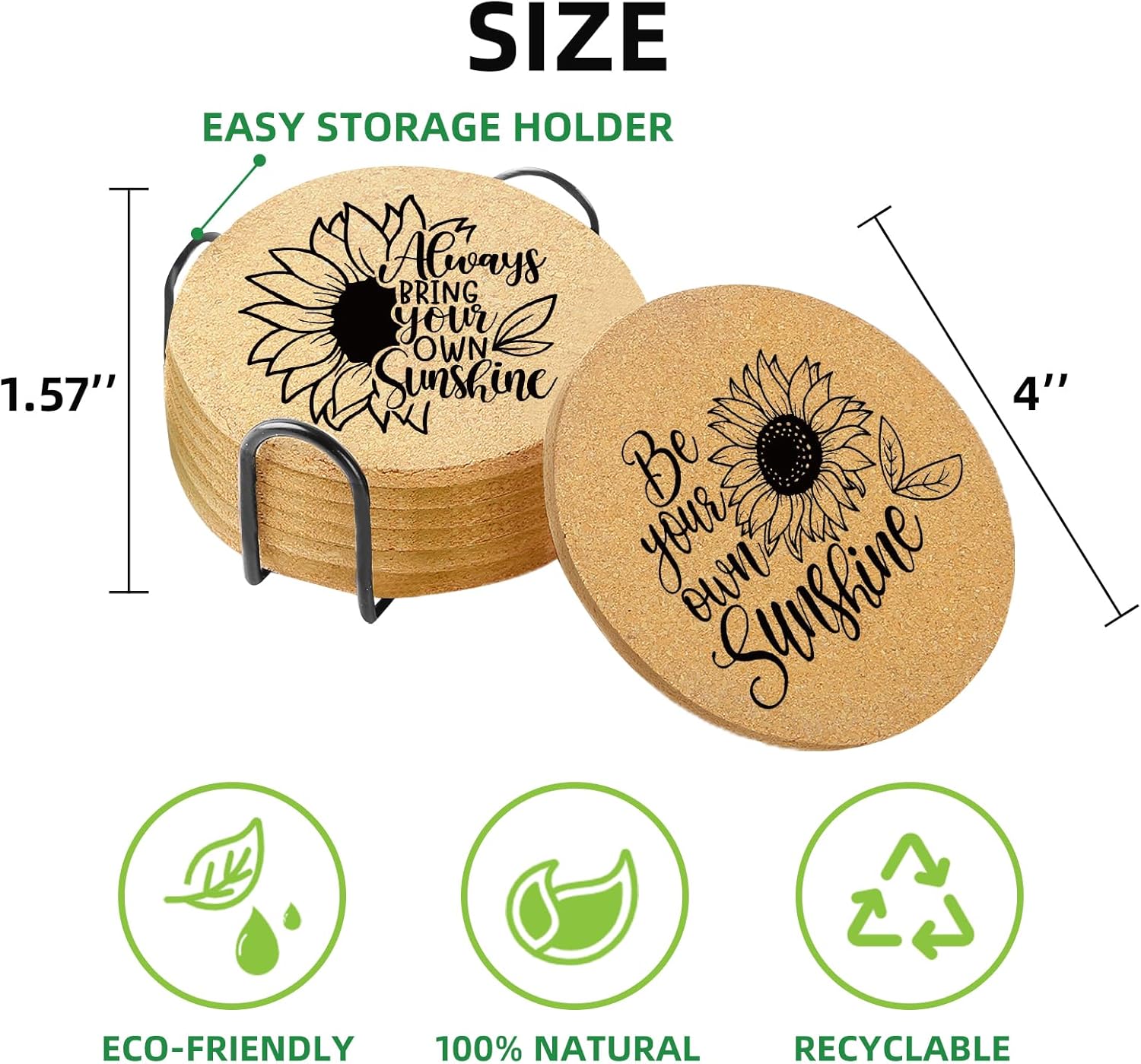 Coasters for Drinks with Holder Set of 6, Sunflower Absorbent Cork Wood Coaster for House Warming Gifts New Home Couples for Cup Desk Table Office Kitchen Decor, Round 4" - Image 2