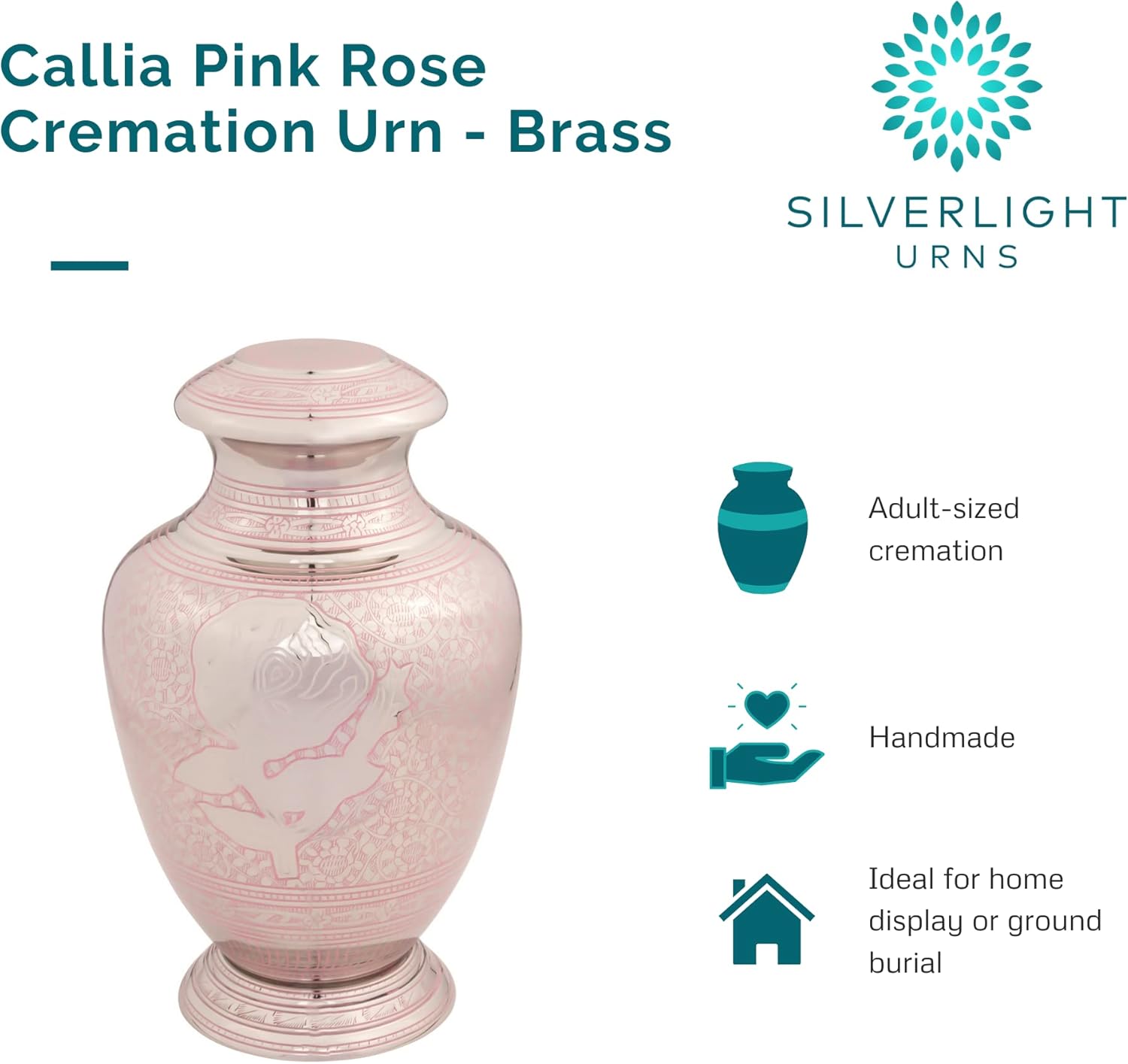 Callia Pink Rose Cremation Urn, Adult Brass Urn for Ashes with Flower Design, 11 Inches Tall