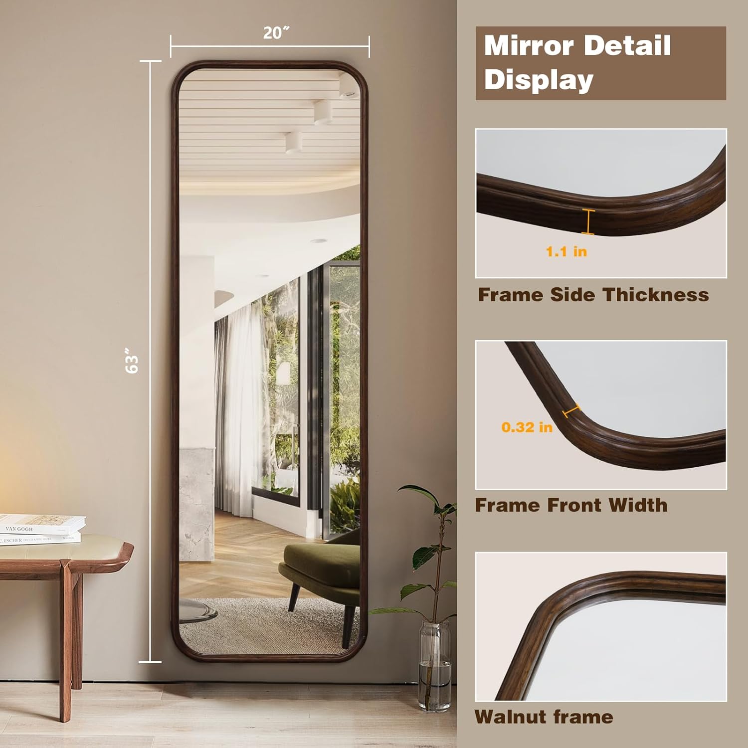 Niccy 63"×20" Wood Frame Rect Full Length Mirror, HD Long Wall-Mounted Mirrors, Large Body Hanging Mirrors for Living Room, Explosion-Proof Decorative Vanity Mirrors for Entryway, Bedroom, Red Walnut