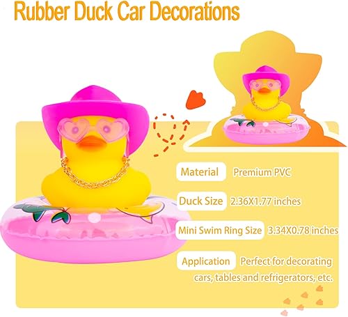 Miniatura 5 de Adornos de pato amarillo para automóvil, decoración de tablero de automóvil con gafas de amor, mini anillo de natación, sombrero de sol, collar para