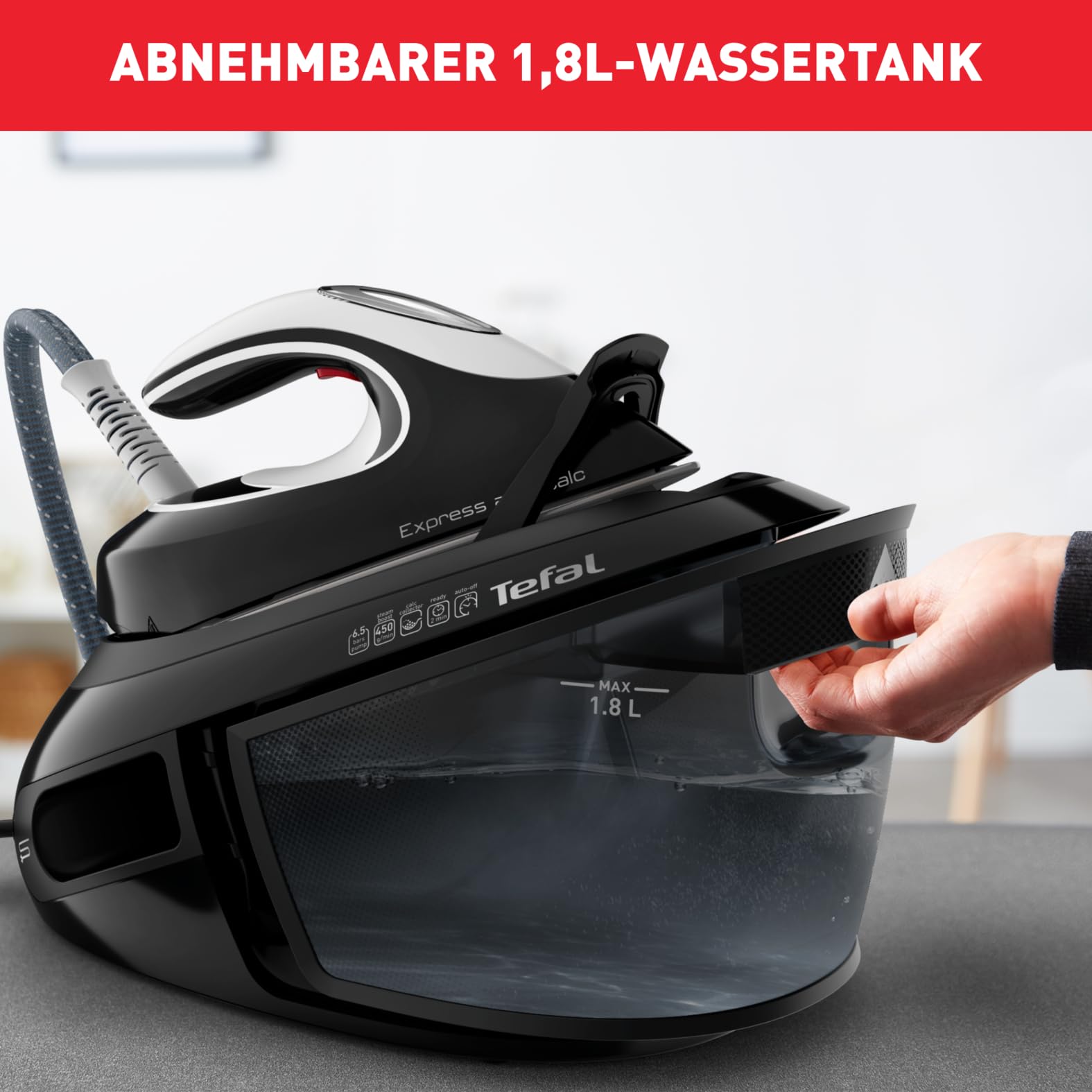 TEFAL EXPRESS ANTI-CALC Dampfbügelstation, abnehmbarer Kalk-Kollektor, 450 g/Min. Dampfstoß, leistungsstarker 6,5-Bar-Druck, Smart Temp-Technologie, Eco-Modus, 1,8l Wassertank, schwarz/weiß, SV8055