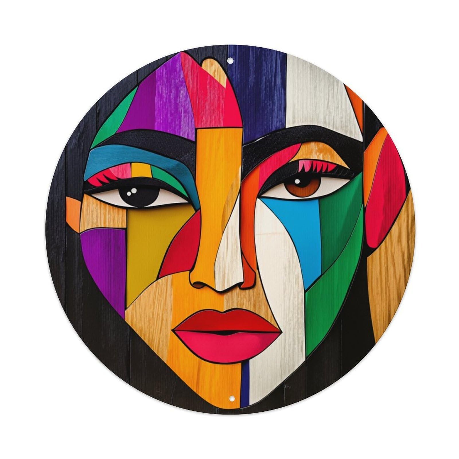 Colorful Geometric Face Artwork Round Tin Sign Vintage Metal Poster, Home Bar Garage Man Cave Cafe Indoor & Outdoor Wall Decoration 8x8Inches