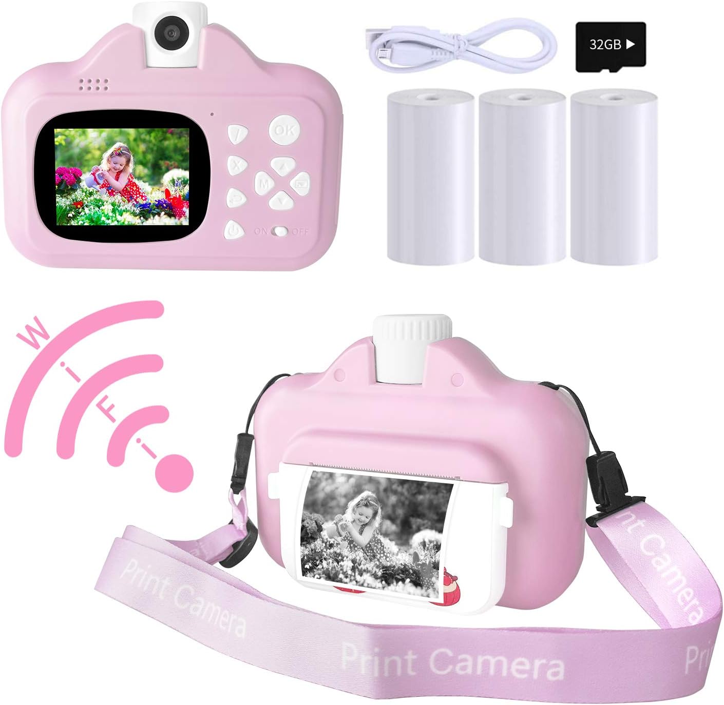 WiFi Instant Print Camera for Kids, Instant Photo Cameras with Paper Film and Cartoon Frame Filters, Selfie Kids Cam Digital Zero Ink Video Cam for Girls and Boys Age 3-10 (32G SD Card Included)