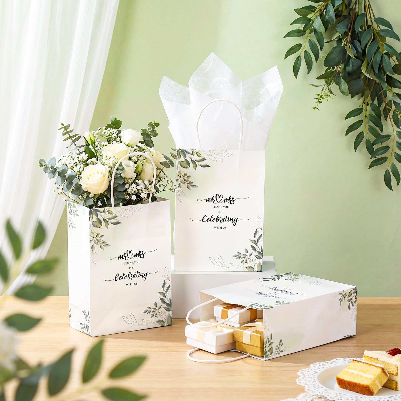 Cholemy 50 Pcs Wedding Welcome Gift Bags Bulk with Handles Thank You Kraft Paper Bags for Guests Wedding Birthday Bridal Shower Baby Shower Party Favors Supplies, 5.91 x 3.15 x 8.27 Inches