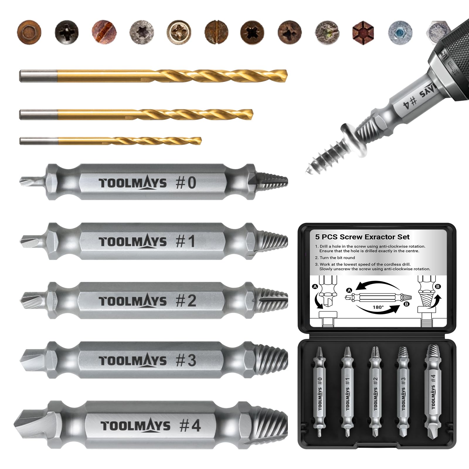 Toolmays 8pcs Damaged Screw Extractor Set, HSS Screw Removal Tool With 3 Twist Drill Bit
