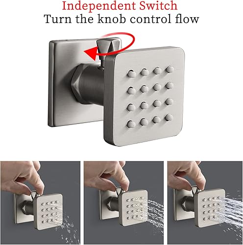 Miniatura 9 de Chorros de ducha cuadrados de oro cepillado con control de flujo y giratorio, chorros de masaje de agua ajustables de latón macizo, montaje en pared