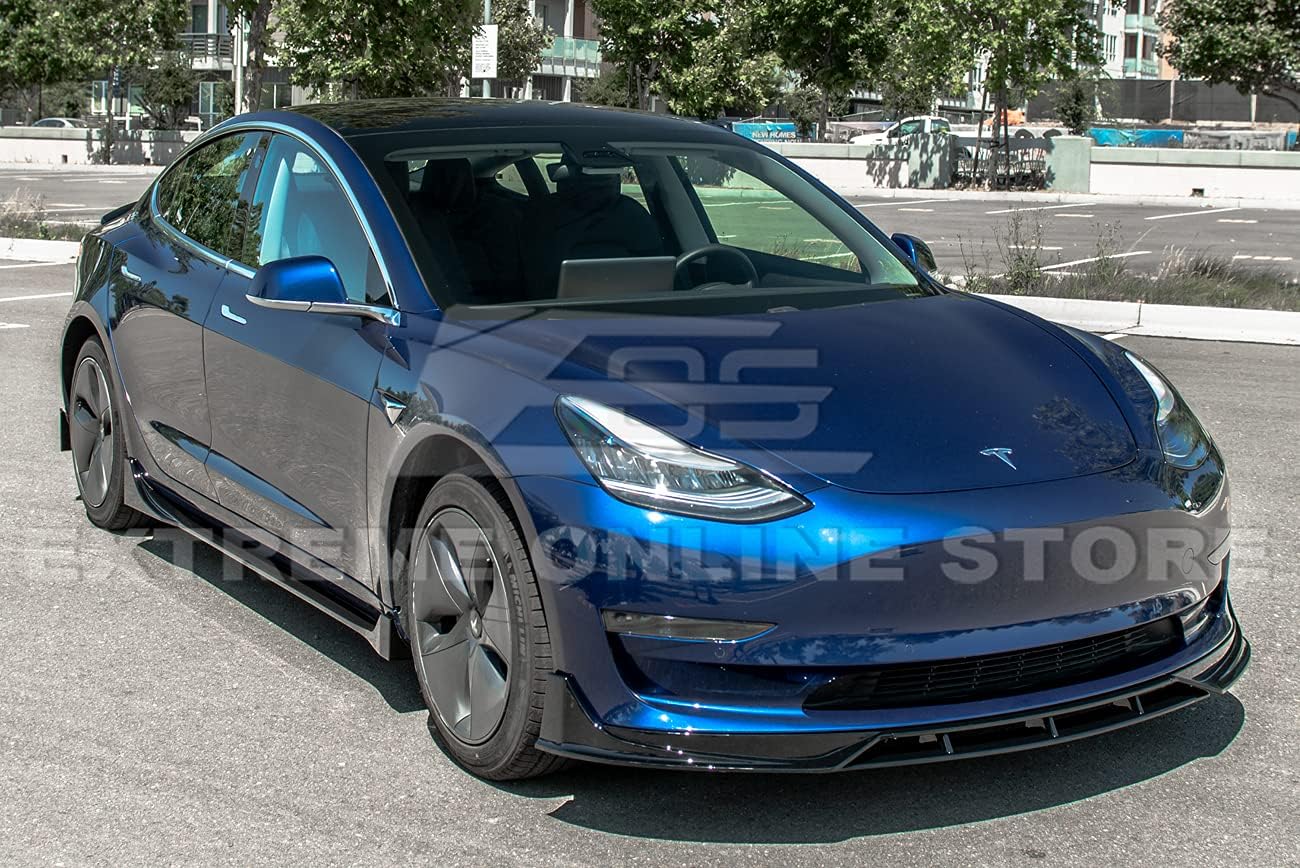 Replacement For 2017-2023 Tesla Model 3 | Performance Track Style ABS Plastic PAINTED GLOSSY BLACK Front Bumper Lower Lip Splitter