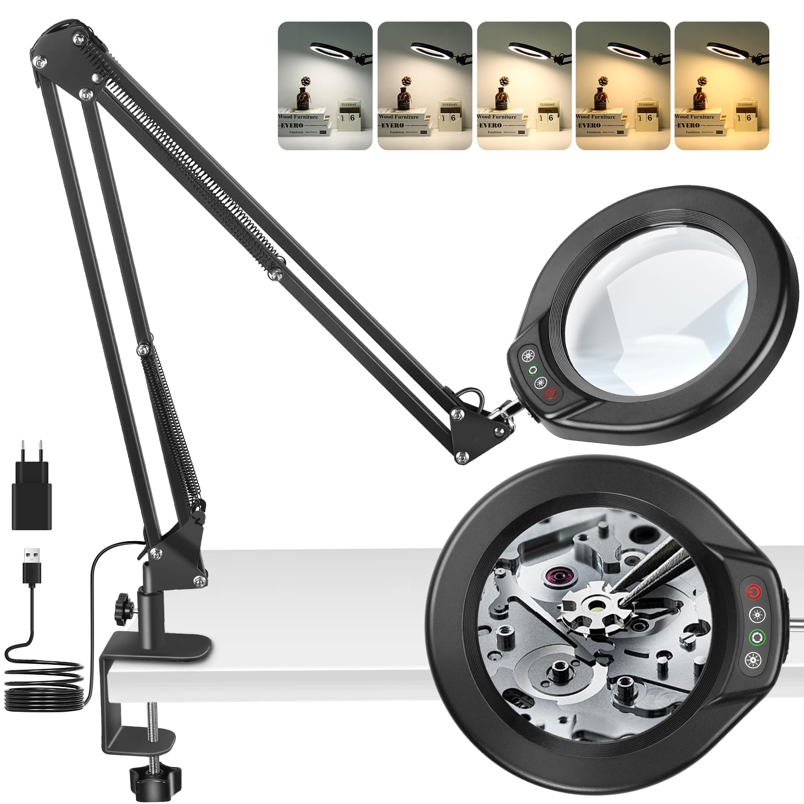 10 lupas con luz y abrazadera, 5 en cristal auténtico, lupa con manos libres, 5 modos de color regulable sin niveles, lámpara de escritorio LED para trabajos estrechos, manualidades, aficiones