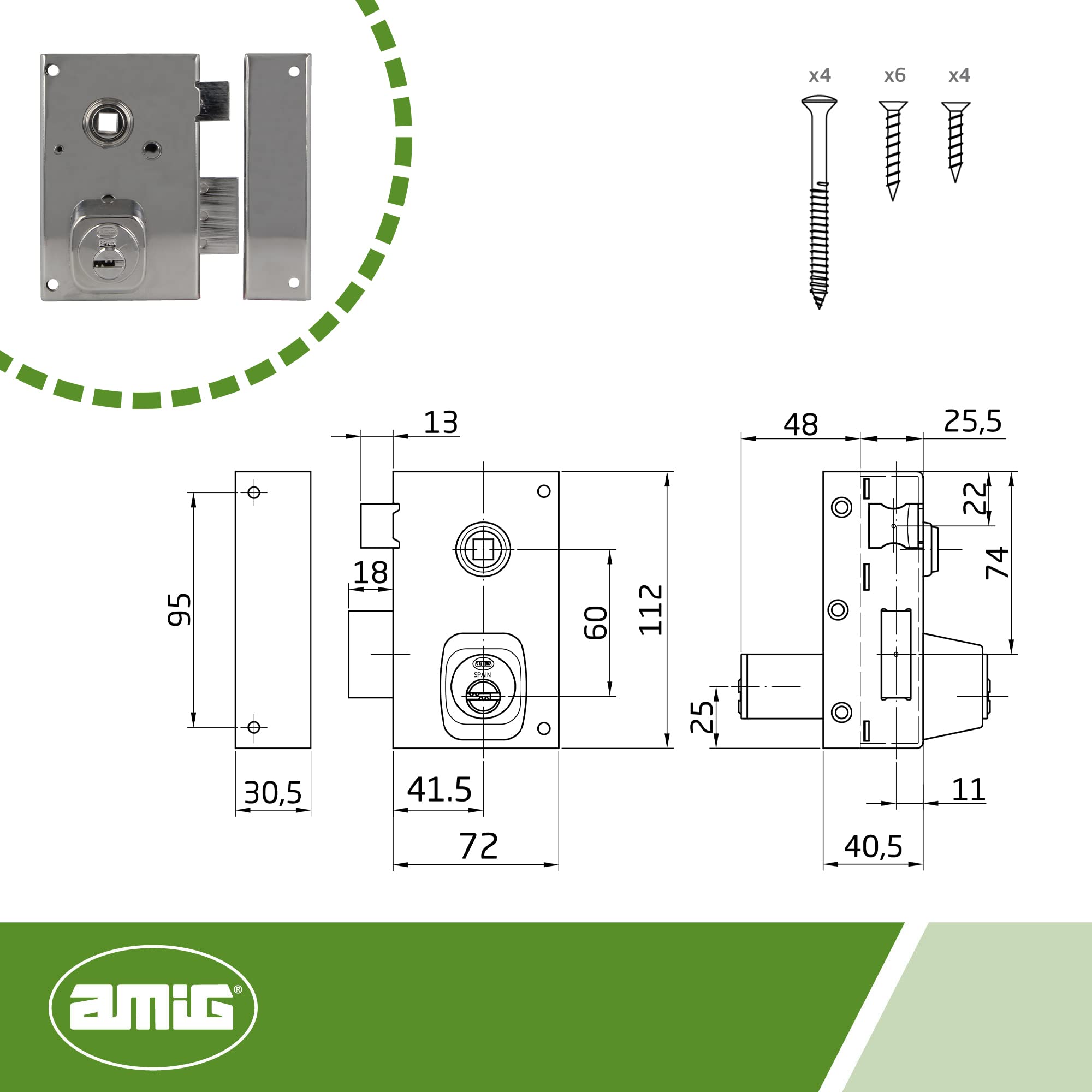 Amig - Aufschraubschloss DIN rechts mit Schließhebel, Falle und Vierkant für Holztüren Mod. 75N - 72 x 112 mm - runder Sicherheitszylinder - Stahl silberfarben