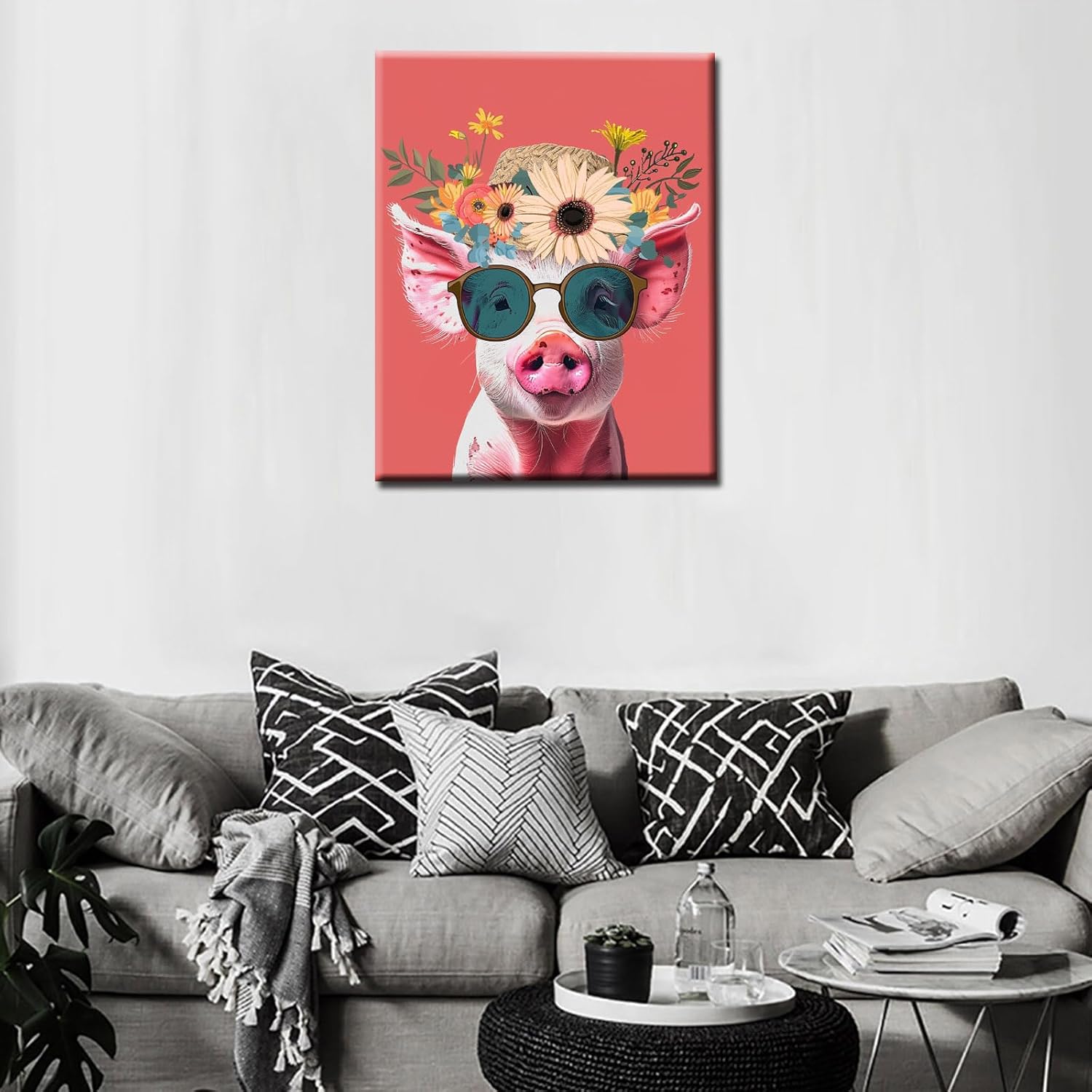 Pig with Cute Sunglass and Straw Hat Painting Paint by Number Animal Wear Flowers Hat DIY Painting with Brushes Acrylic Paints Paint by Numbers for Adults and Kids Beginner 16x20 Inch（DIY Frame）