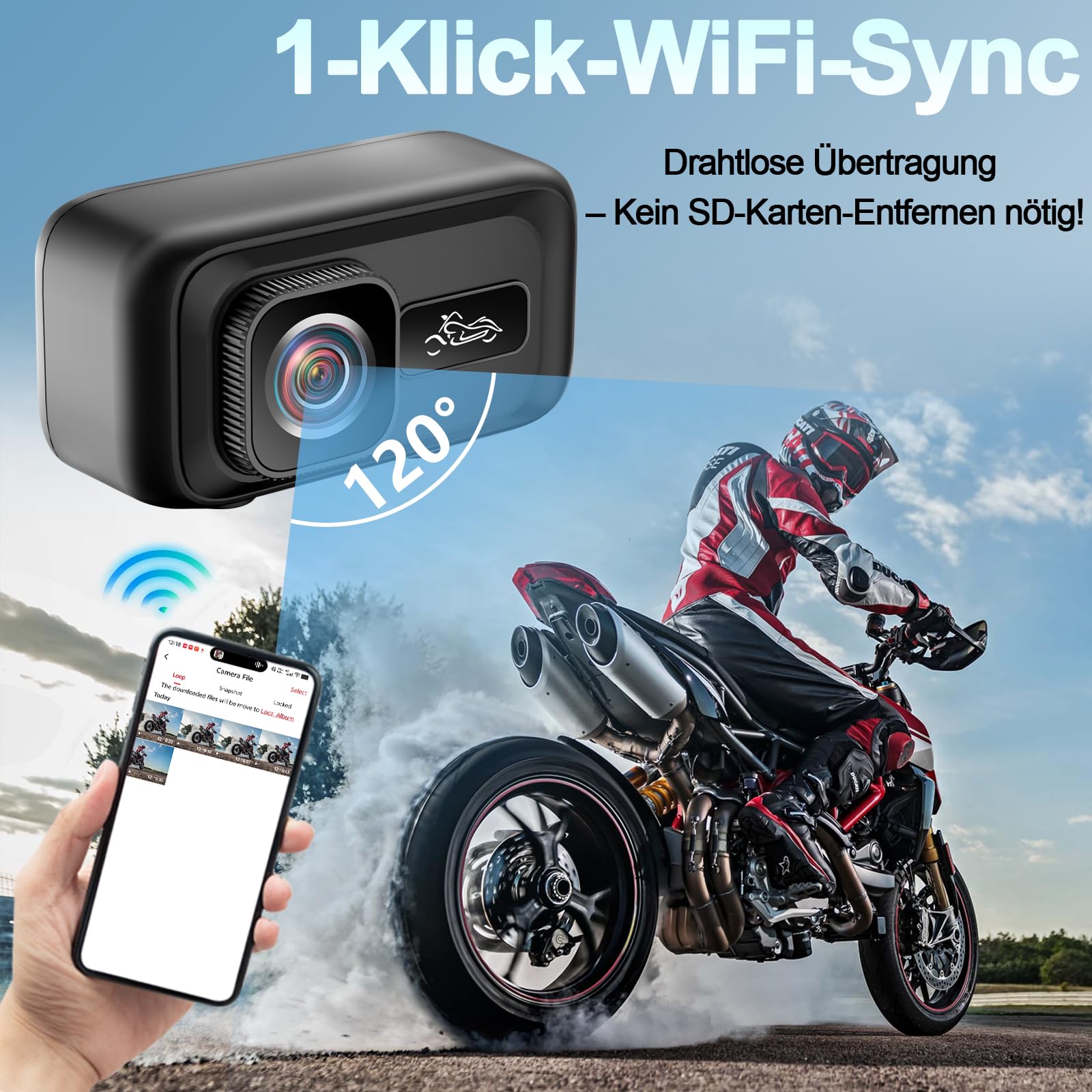 Motorrad Dashcam 2K WLAN 120° Weitwinkel IP65, mit G-Sensor | 64GB inkl., Kondensator (kein Akku), Unfallerkennung, Lenker-/Spiegelhalterung