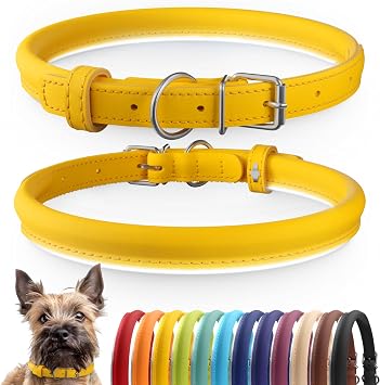 Tangle-Free Reflective Leather Dog Collar, 7-9 in, Yellow
