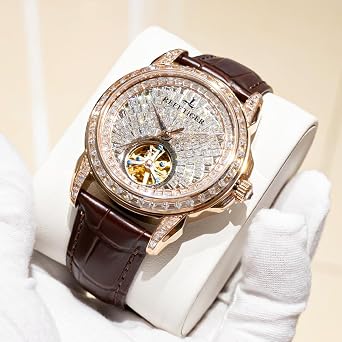 Reef Tiger Men's Luxury Watch Brilliant Full Diamonds Mechanical Automatic Tourbillon Leather Strap Classic Clock RGA1905