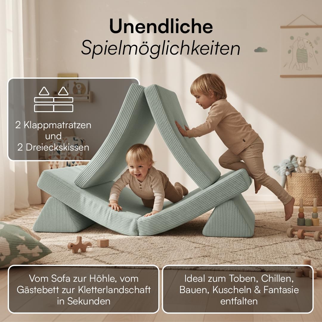 Bellabino Nile Spielsofa Maxi 4-TLG. für Kinder – Kindersofa Cord in Türkis – Spielesofa Schaumstoff Bausteine – modulare Kindercouch ausklappbar mit waschbarem Bezug – Sofa Kinderzimmer Kuschelecke