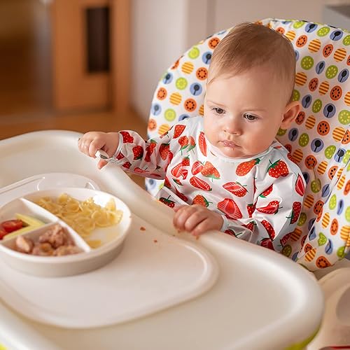 Miniatura 7 de Juego de baberos de manga larga de 3 piezas, baberos impermeables para bebés con bolsillo, babero para niños pequeños con mangas, bata resistente a