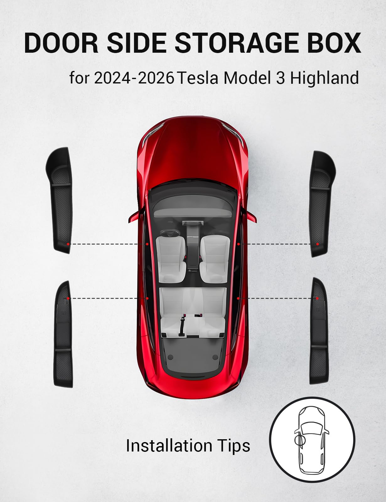 BASENOR Caja de Almacenamiento Lateral de Puerta Mejorada para Tesla Model 3 Highland 2024-2026, Bandeja Organizadora de Puerta Delantera y Trasera, Forro Protector de Bolsillo de Puerta de TPE