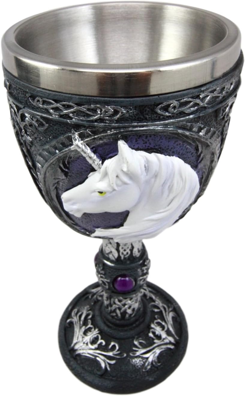 Ebros Gift Large Magical Sacred Purple Royal Gems White Unicorn Wine Of Purity Goblet Chalice Cup Figurine With Scroll Art And Celtic Knotwork Symbols 8oz Medieval Fantasy Party Beverage Serveware