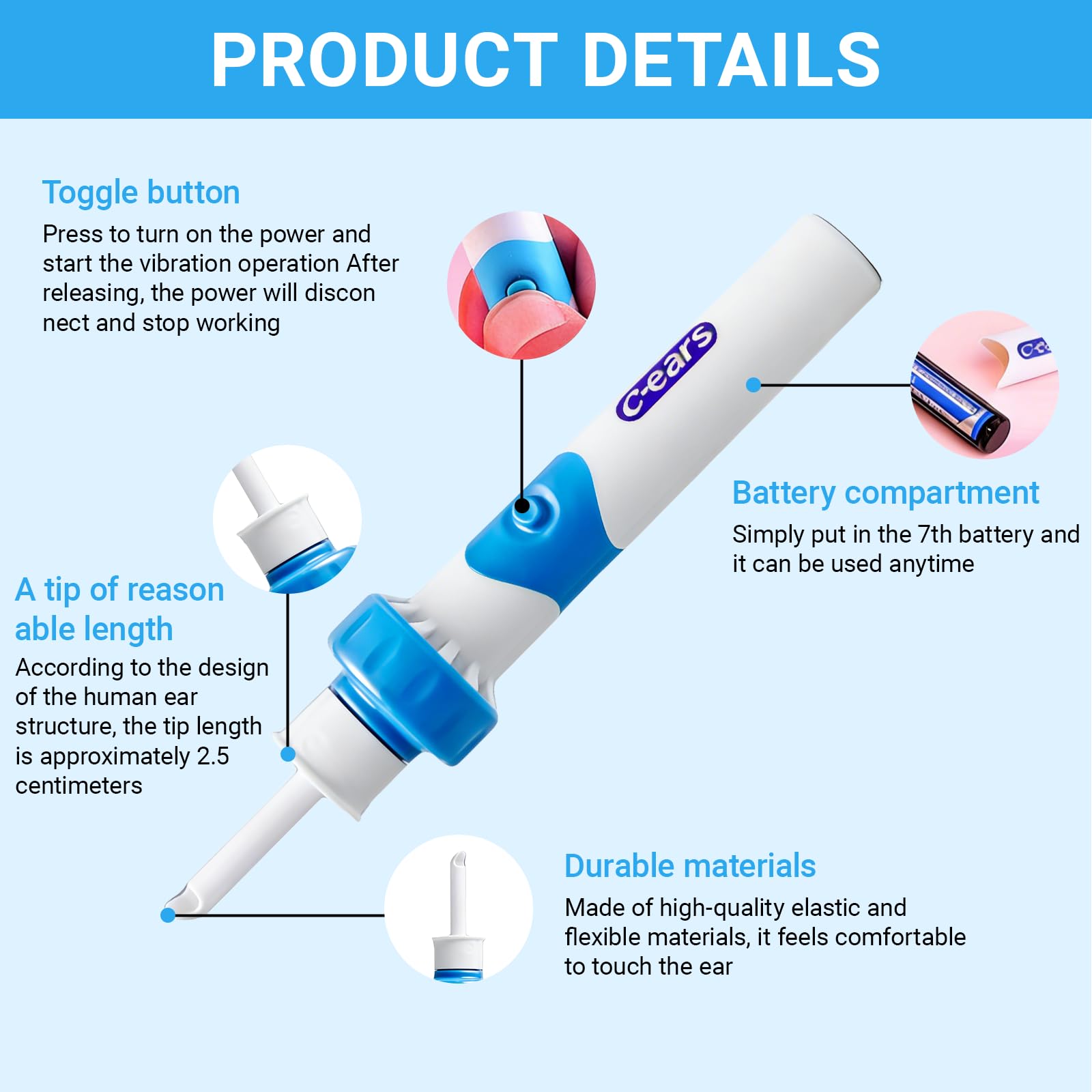 Extracteur de Cérumen Électrique,Appareil De Nettoyage Des Oreilles Pour Bebe Enfants Adulte Avec 2 Têtes de Rechange Lavables et Brosse(Utiliser Batterie NO.7)
