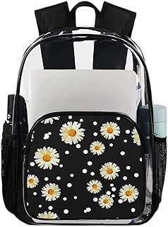 Daisy Polka Dots Mochila transparente Bolsas para livros resistentes, linda flor margarida impermeável mochila transparente PVC mochila transparente com alça de ombro reforçada para escola, trabalho, viagens, Multicor