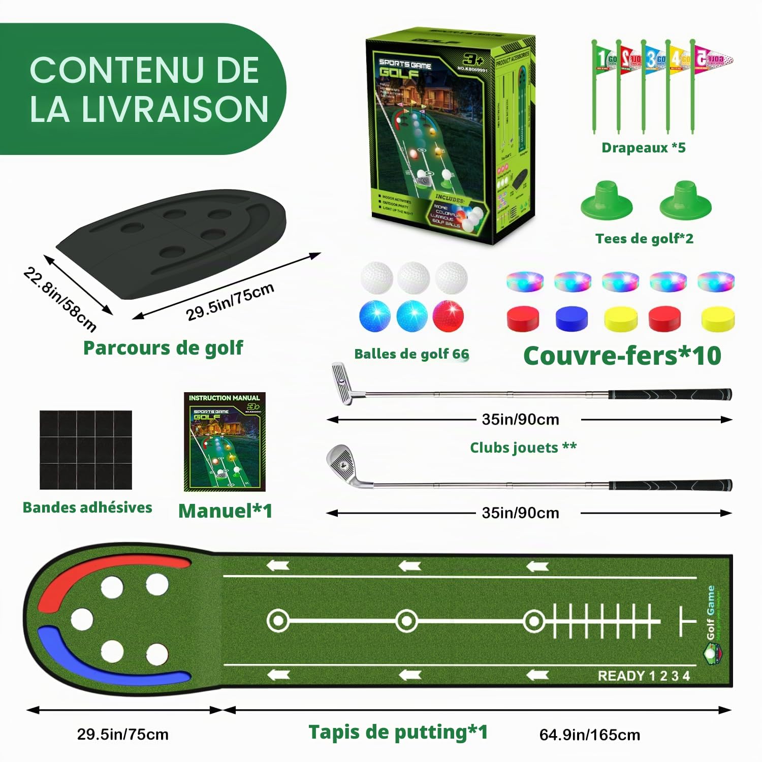 Jeu de Golf Vatos - Tapis de Putting d'intérieur pour Enfants avec balles et Trous LED, Clubs de Golf, Divertissement Familial pour la Maison et Le Bureau, Cadeau pour Enfants, Adolescents et Adultes