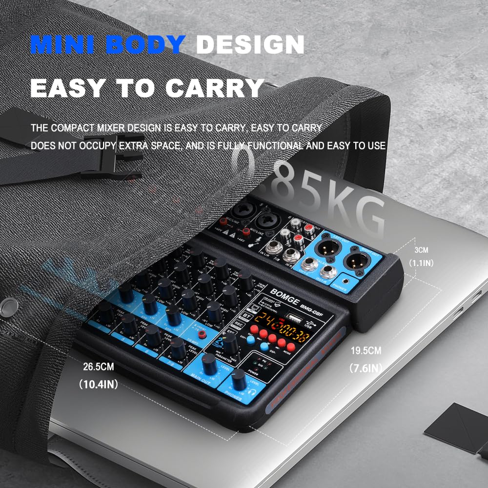 BOMGE 8 channel mini audio mixer Line Mixer ，DC 5V，with MP3 Player,Bluetooth, U disk 48V,24DSP effects, USB recording Ideal for Small Clubs or Bars, Studio Recording (8 channels-BLACK)
