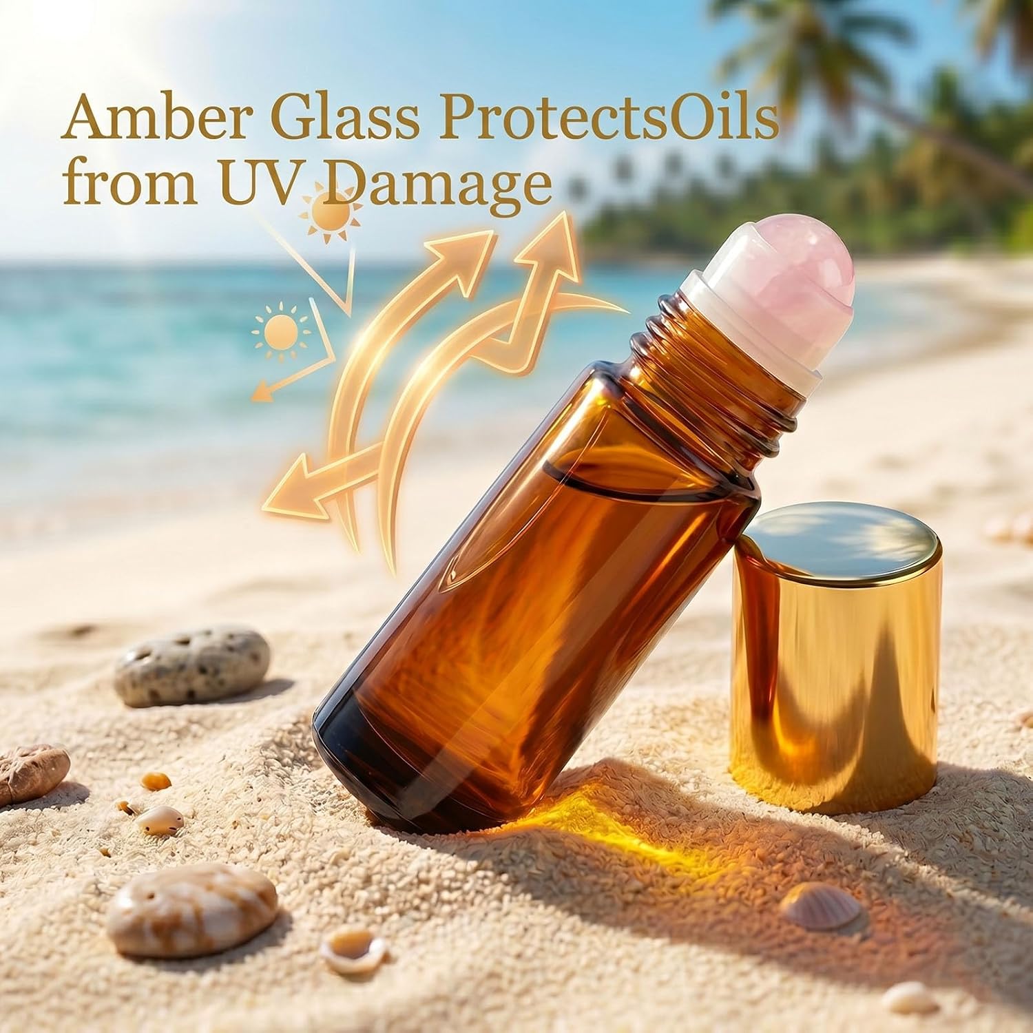 2 pack 50ML Amber Glass Roller Bottles with Rose Quartz Ball, Gold Cap