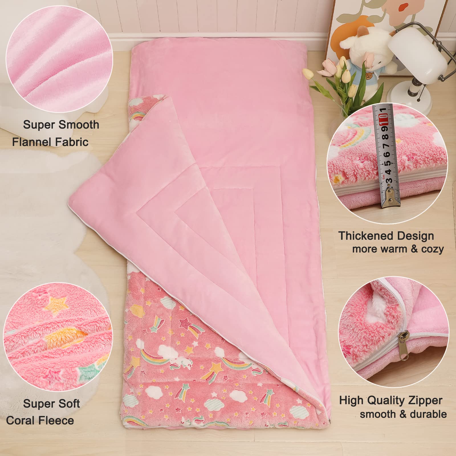 Pink Kids Sleeping Bags for Girls Glow in The Dark Unicorn Rainbow Stars Slumber Bag Super Soft Nap Mat for Daycare Sleepovers | with Zipper Pillow Pocket and Carrying Bag