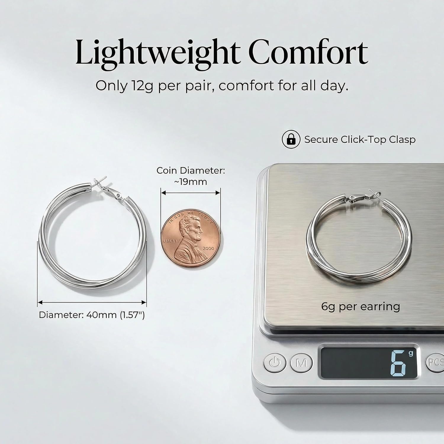 Double Layer Silver Hoop Earrings for Women 18K White Gold Plated 40mm Chunky Big Hoops Hypoallergenic 925 Sterling Silver Posts Nickel Free Lightweight Trendy Jewelry - Image 4