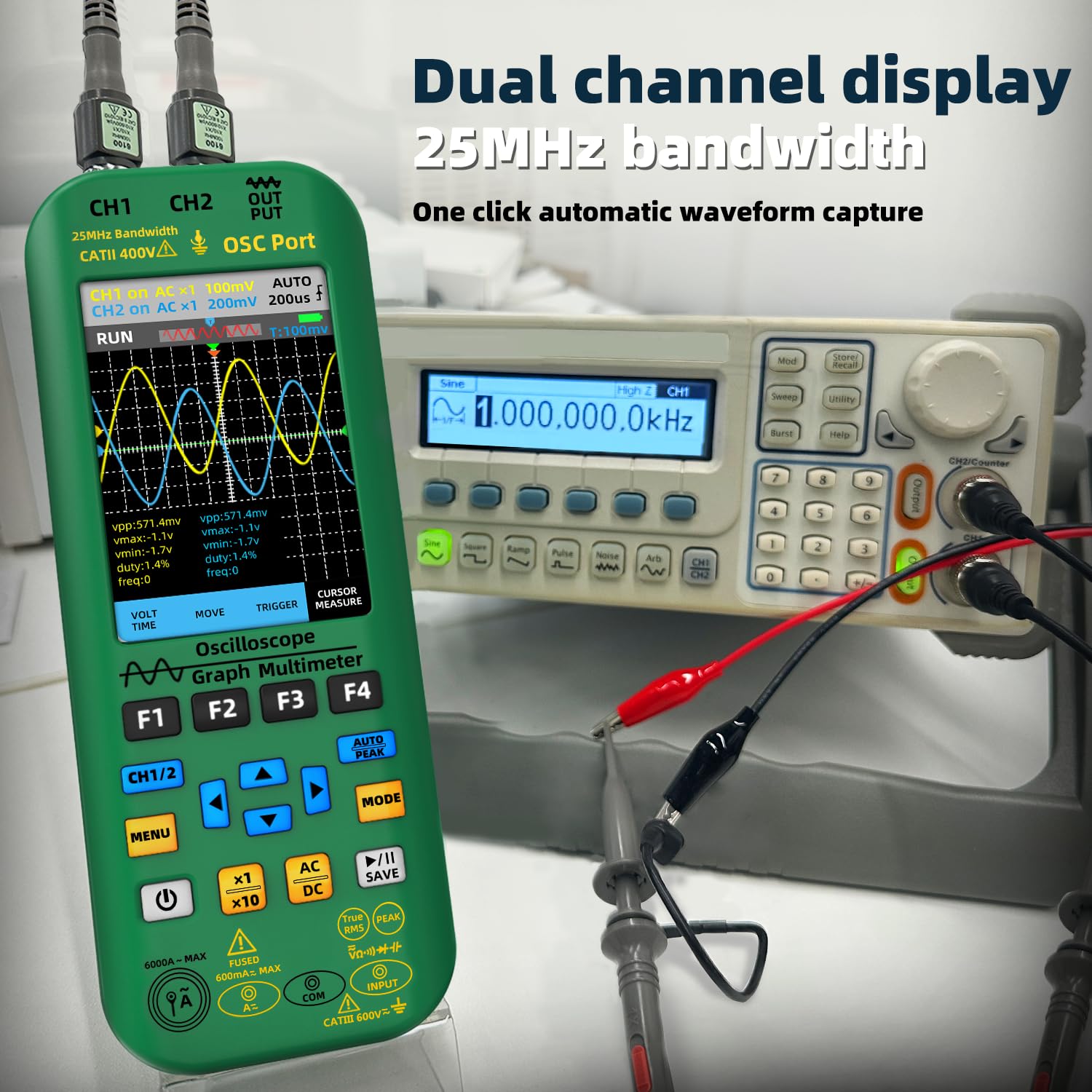 BSIDE oscilloscope displaying two channels of waveforms with measurement parameters